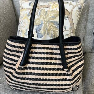 Vince Camuto Elegant Black and Tan Striped Tote Bag, natural straw